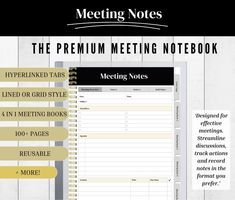 a notebook with the words meeting notes on it and an image of a notepad