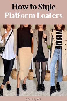 Casual Office Outfits Women Loafers, Loafer Platform Shoes, Winter Outfits Work Office Casual, Platform Loafers With Leggings, Slacks With Loafers Women, Outfits With Black Platform Loafers, Fashion With Loafers Outfit, Platform Lug Sole Loafers Outfits, Loafers For Women Outfit 2023