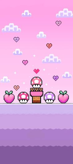 an image of a pink background with mushrooms and hearts