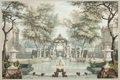 a painting of a fountain surrounded by trees