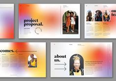 four brochures designed to look like people in different colors and sizes, with the words'project proposal'on them