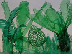 an abstract painting of green plants and leaves