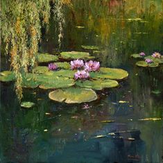 a painting of water lilies in a pond