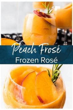 peach frozen rose in a glass with rosemary garnish and text overlay that reads peach froste frozen rose