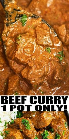 beef curry with white rice in a bowl