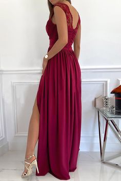 Wine Red V Neck Zip Backless Lace Splicing Side Split Maxi Dress Side Split Maxi Dress, Woman Wine, Lace Splicing, Split Maxi Dress, Summer Pattern, Maxi Robes, Prom Formal, Womens Dress, Club Dresses