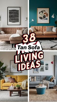 living room with couches, tables and pictures on the wall in different colors that say'28 tan sofa living ideas