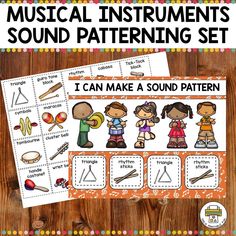 musical instruments sound patterning set with the words, i can make a sound pattern