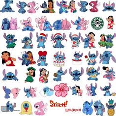 various cartoon characters are grouped together on a white background with the words stitch in red and blue