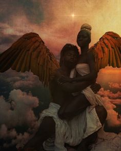 two people hugging each other with wings above them