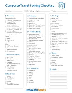 the complete travel packing checklist is shown in this printable version, which includes items for