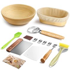 a variety of kitchen utensils are arranged on a white surface, including wooden bowls and spatulas