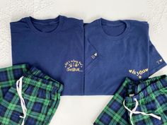 Couples Christmas Pyjamas navy blue green First christmas Matching Christmas pyjamas xmas pyjamas first christmas mr & mrs couples Christmas These adorable matching Christmas pyjamas make the ideal gift for any couple. One shirt features the phrase "All I want for Christmas," while the other reads "is you," with your initials and a heart on the sleeve. Together, they create a charming and thoughtful Christmas pyjama set. This listing is for 1 set of ladies pyjamas and 1 set of mens pyjamas (2 pairs in total) The sizing for the t-shirts is as follows -Unisex Style Shirt   Short Sleeve Shirt - S 34/36"   M 38/40"   L 42/44"   XL 46/48"   2XL 50/52  *Pyjama bottoms description* -  Material: 100% cotton flannel. Twill weave. Woven tartan trousers. Fully elasticated waistband with tie detail. P Blue Cotton Holiday Sleepwear, Blue Cotton Christmas Sleepwear, Matching Pyjamas Couple Christmas, Matching Pajamas For Couples Christmas, Xmas Pyjamas, Matching Pajamas For Couples, Mens Pyjamas, Ladies Pyjamas, Tartan Trousers