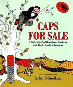 a book cover for caps for sale with an image of a man on a tree