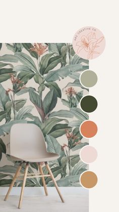 the wallpaper with tropical leaves and flowers is shown in various colors, including green