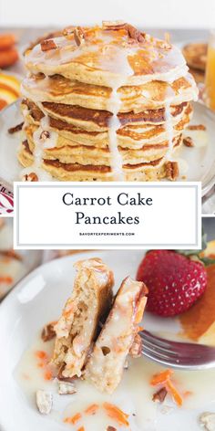 carrot cake pancakes with icing and fruit on the side