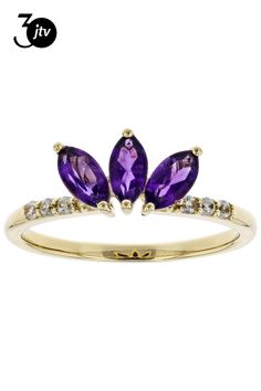 .56ctw marquise African amethyst and .10ctw round white zircon, 10k Yellow Gold 3-Stone Ring. Measures approximately .67"L x .28"W. Accent stones primarily zircon. 3 Stone Rings, Yellow Gold Ring, 10k Gold, Yellow Gold Rings, Stone Rings, Gold Ring, Gold Rings, Amethyst, Yellow Gold