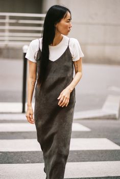 Anaise Slip Dress, Japanese Cupro, Walnut | OZMA Layering A Slip Dress, Dress Over Long Sleeve Shirt, Spaghetti Strap Dress With Shirt Under, Strap Dress With Shirt Under, Cupro Dress, Puff Sleeve Shirt, Japanese Dress, Midi Slip Dress, Spaghetti Strap Dresses