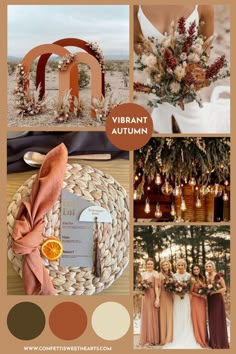 an orange and brown wedding color scheme with the words vibrant autumn written in gold, white, and red