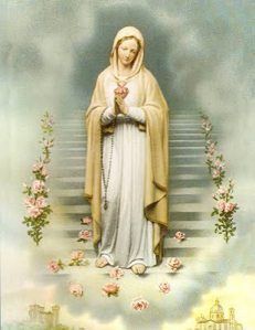 the immaculate mary is standing in front of flowers