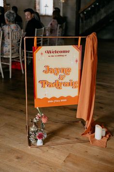 Orange, red and pale yellow retro 70s style wedding welcome sign 70s Style Wedding Decor, Mcm Wedding Decor, Groovy Wedding Decor, 70s Reception, Retro Wedding Sign, Retro Welcome Sign, Retro Seating Chart Wedding, Retro Wedding Signage, Retro Wedding Arch