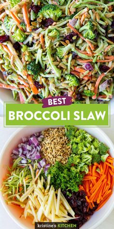 broccoli slaw with shredded carrots and cranberries in a white bowl