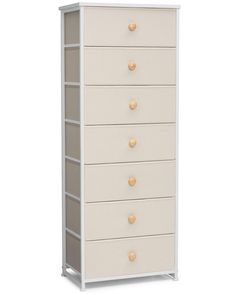 a white dresser with five drawers and gold knobs on the bottom drawer, against a white background