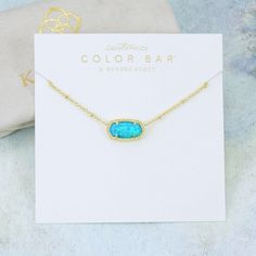 Nwot Kendra Scott Elisa Satellite Necklace ** Color Bar Combination We Will Accept Reasonable Offer, But No Offer Will Be Accepted For Bundle Deals, All Bundles Will Have 15% Discount Apply Automatically. - Turquoise Kyocera Opal - Gold Plated - 0.63” L X 0.38” W Pendant - 16” + 2" L Sliding Adjustable Chain - Lobster Clasp Will Come With A Necklace Holder & Dust Bag Teal Kendra Scott Necklace, Satellite Necklace, Opal Necklace Gold, Teal Necklace, Kendra Scott Elisa, Kendra Scott Necklace, Preppy Girl, Necklace Holder, Jewelry Accessories Ideas