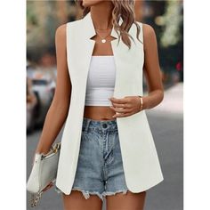 -Item Id 14114678 -Neckline: Notched -Style: Casual -Type: Vest -Color: White -Pattern Type: Plain -Sleeve Length: Sleeveless -Fit Type: Regular Fit -Length: Long -Material: Woven Fabric -Composition: 95% Polyester, 5% Elastane -Care Instructions: Machine Wash Or Professional Dry Clean -Sheer: No -Fabric: Non-Stretch -Body: Unlined -Pockets: No -Temperature: Spring/Fall (18-25/63-77) **Open To Offers!!!** **Bundle To Save More** **30% Off Bundles Of 2 Or More Items!!** ***Orders Go Out Within 5-10 Business Days!! Thank You For Your Patience!! Multiple Sizes And Colors Available In Most Styles Don't See Your Size Or Color Listed, Just Ask. Elegant Vest, Collarless Blazer, Open Front Vest, Peplum Shirts, Blouse Jeans, Blazer Vest