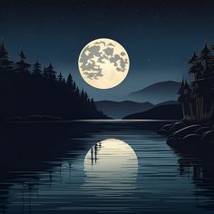 the full moon is shining over water and trees