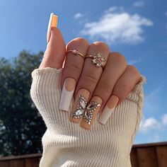 White French Tip Nails & Butterfly Gems Press On Nails Etsy White French Tip Nails, Nails With Gems, Tropical Vacation Nails, Natural Nail Art, White French Tip, Racun Shopee, White Acrylic Nails, Vacation Nails