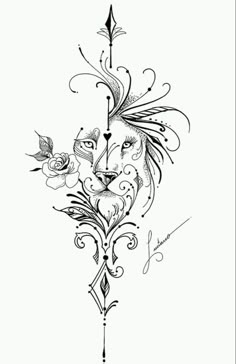 a drawing of a lion with flowers on it's head and an arrow in the middle