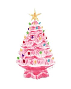 a drawing of a pink christmas tree with lights on it's base and a star above the top