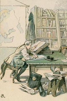 an illustration of a man sitting at a table writing on a paper with a bookcase in the background