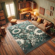 a living room filled with lots of furniture and decor on top of hard wood flooring