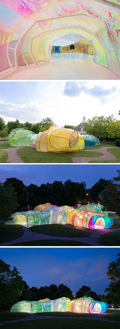 three different views of an art installation in the park