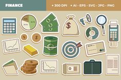 various stickers depicting finance and money on a beige background with text below that reads finance