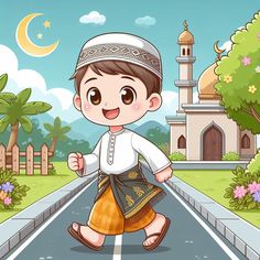 a cartoon boy is walking down the road in front of a mosque with a crescent on it