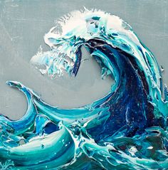 an abstract painting with blue and white waves