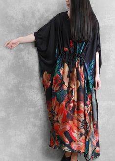 Natural o neck Batwing Sleeve summer dresses black print Dresses

 Materials used:silk blended

Measurement:One size fits all for this item. Please make sure your size doesn't exceed this size: BUST-236cm   
   
Shoulder 46cm / 17.94"
Sleeve length 54cm / 21.06"
Cuff 37cm / 14.43"
bust 236cm / 92.04"
length 122cm / 47.58"
hem 220cm / 85.8"



We ship worldwide.

Tracking numbers provided for all orders. Black Floral Print Maxi Dress For Summer, Black Short Sleeve Maxi Dress For Spring, Black Silk V-neck Maxi Dress, Black Bohemian Summer Dress, Summer Bohemian Black Dresses, Casual Silk Summer Dress, Black Short Sleeve Maxi Dress For Beach, Black Free Size Maxi Dress, Elegant Black Free Size Dress