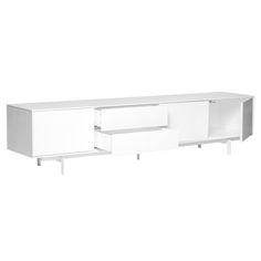 the sideboard is white and has two drawers on each side, one door open