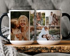 two coffee mugs with photos on them sitting on a wooden table next to a blanket