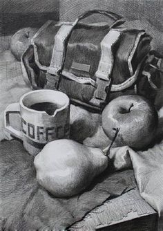 a pencil drawing of an apple and coffee cup on a cloth with a bag in the background