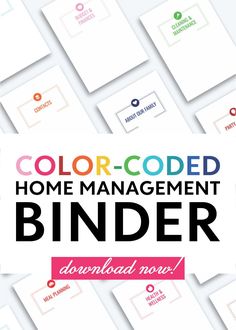 color - coded home management binder with the title overlaying it's image