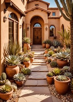 a house with many potted plants in front of it