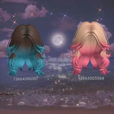 two different colored wigs sitting on top of a sandy beach next to the ocean