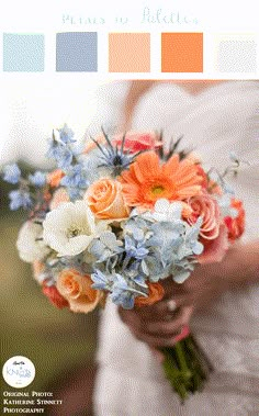 a bride holding a bouquet of flowers in her hands with the color palette swatches