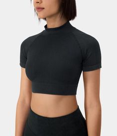 Seamless Flow Mock Neck Short Sleeve Cropped Sports Top Mock Neck Short Sleeve, Studio Pilates, Mock Neck Crop Top, Travel Work, Workout Yoga, Bleach Wash, Athletic Top, Pilates Workout, Sports Top