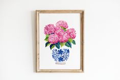 a painting of pink flowers in a blue and white vase