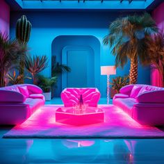 a living room filled with pink furniture and palm trees